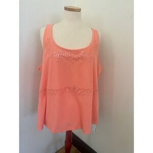 Avenue Womens Coral Pink Sequin Beaded Sleeveless Tank Top Plus Size 22/24 NWT‎